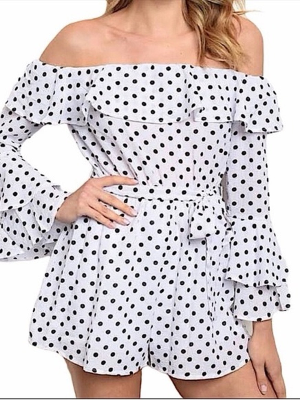Pink Owl White Off-Shoulder Polka Dot Romper with Black Dots